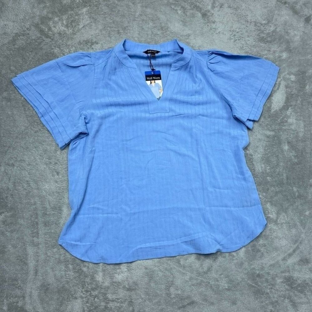 Womens Blue V-Neck Short Sleeve Blouse By Well Worn Size L d0147